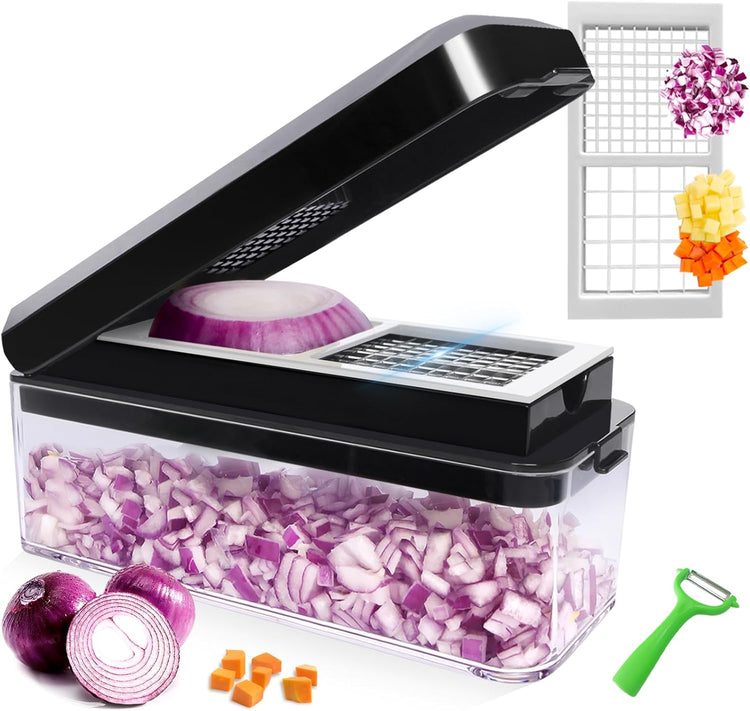 Vegetable Chopper, Onion Chopper Dicer, Mandoline Slicer, Food Chopper with Container, Vegetable Cutter for Salad Potato Carrot Garlic(2 Blades, Black White)