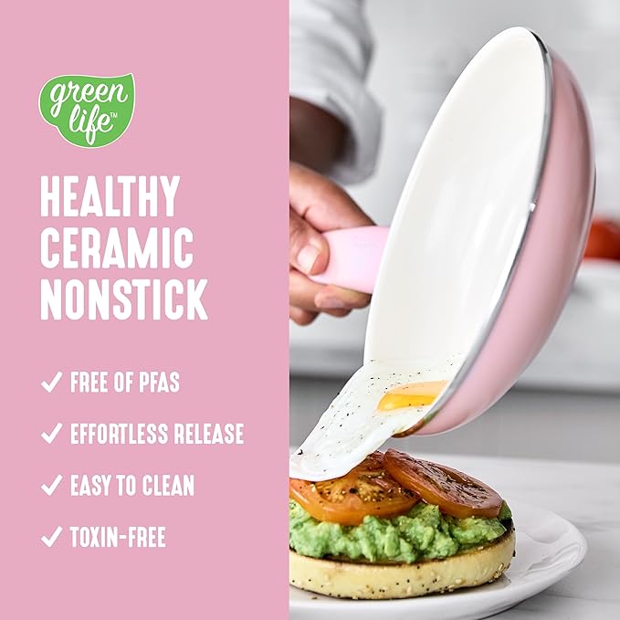 GreenLife 8 Piece Nonstick Cookware Set, Non-Toxic PFAS-Free Ceramic Pots & Pans, Dishwasher & Oven Safe, Frying, Sauce, Stock Pot, Glass Lids, Stay-Cool Handles, Wobble Free, Light Pink