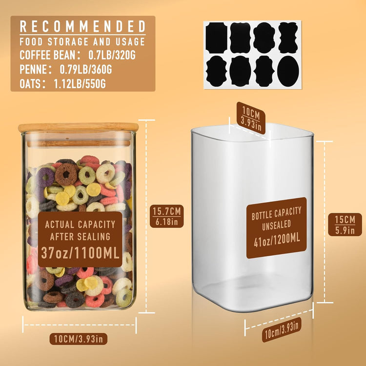 41oz Airtight Glass Square Storage Canister with Bamboo Lid Set of 4 (1200ml) Container Stackable Jar, Kitchen Canister for Pantry Noodles, Flour and Coffee beans (with Black Lable)