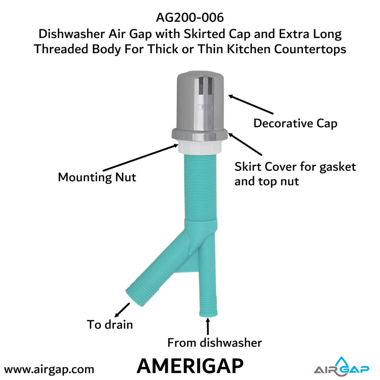 Dishwasher Air Gap with Skirted Cap and Extra Long Threaded Body for Thick or Thin Kitchen Countertops