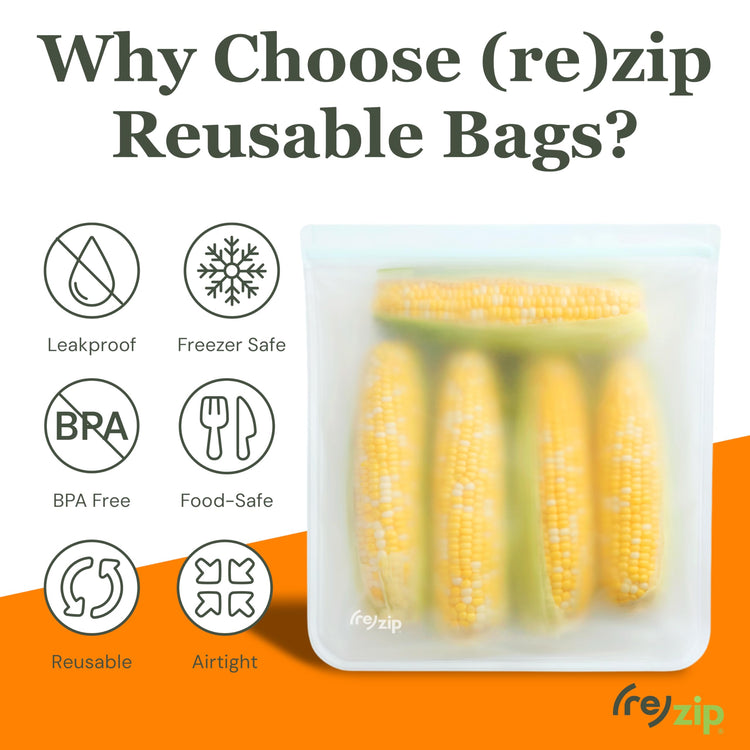 re) zip 4-Piece Reusable Lunch & Leftovers Food Storage Bags – Leakproof, Airtight, BPA-Free, Food-Safe PEVA – Freezer Safe & Travel Friendly – Includes 1 Gallon, 2 Sandwich & 1 Snack Bag (4 Count)