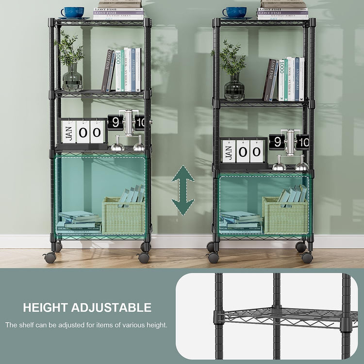 4-Shelf Adjustable Heavy Duty Steel Wire Rack, Adjustable Storage Shelving Unit with Wheel for Kitchen, Garage, Laundry Black 11.8" D x 17.7" W x 40.8" H