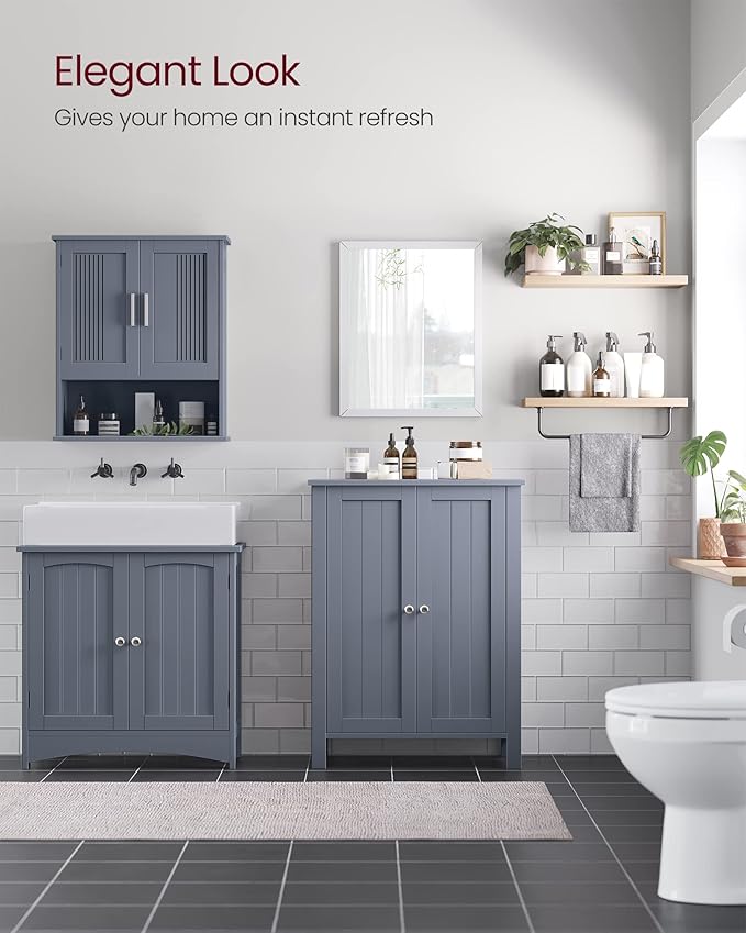 VASAGLE Floor Storage Cabinet, Freestanding Storage Unit with 2 Adjustable Shelves, for Bathroom Living Room Dining Kitchen, 11.8 x 23.6 x 31.5 Inches, Slate Gray UBCB60GY