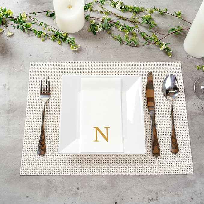 Luxenap 15.8 X 7.9 Inch Linen-Feel Guest Towels, 2000 Lettered Hand Towels - Gold Letter 'N', Sans Serif Font, White Paper Dinner Napkins, airlaid, For Restrooms And Tables