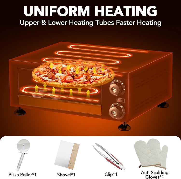 Commercial Electric Pizza Oven 12 in 1100W Sealed Stainless Steel Countertop Pizza Maker with Timer for Restaurant