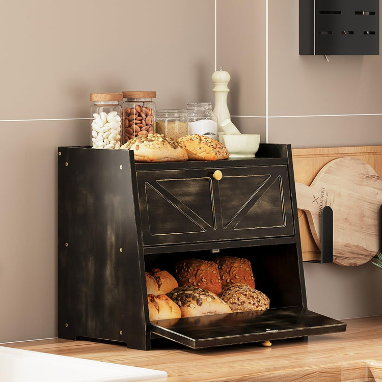 Vintage Double Layer Bread Box for Kitchen Counter Bamboo Bread Storage Container Large Capacity Bread Storage Bin