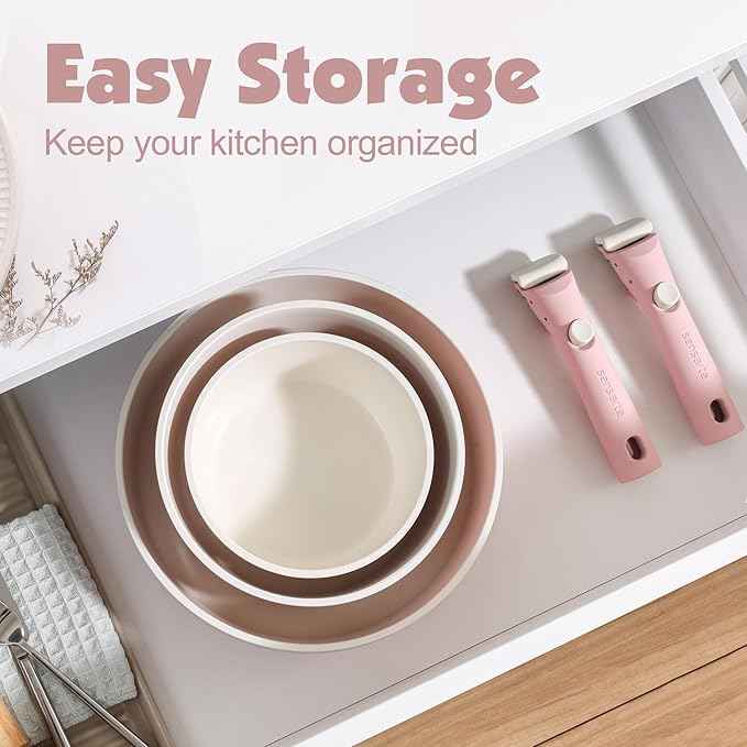 SENSARTE 24 Piece Ceramic Pots and Pans Set, Nonstick Detachable Handle Cookware, Induction Kitchen Cookware Set with Removable Handle, Healthy Non Stick for RV, Dishwasher&Oven Safe, PFOA Free (Pink)