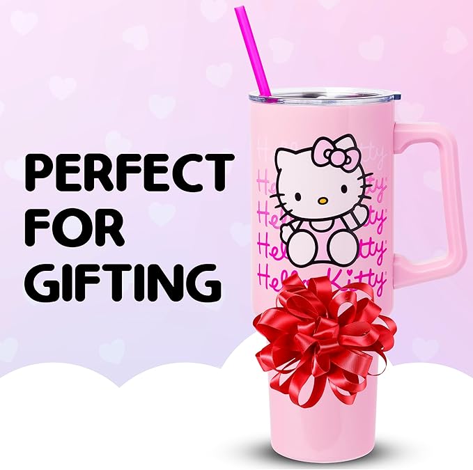 Silver Buffalo Sanrio Hello Kitty Waving Double Walled Stainless Steel Tumbler with Handle and Straw, Fits in Standard Cup Holder, 40 Ounces