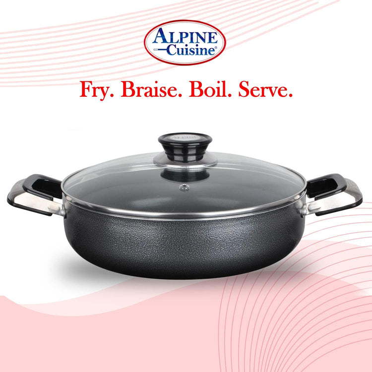 Alpine Cuisine 3.2 Quart Non-stick Caldero Stock Pot with Tempered Glass Lid and Carrying Handles, Multi-Purpose Cookware Aluminum Low Pot Dutch Oven for Braising, Boiling, Stewing
