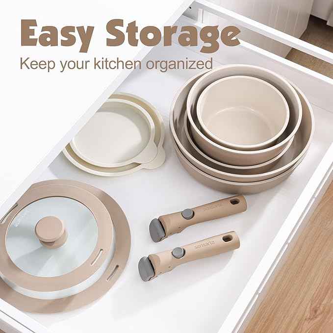 SENSARTE 24 Piece Ceramic Pots and Pans Set, Nonstick Detachable Handle Cookware, Induction Cookware Set with Removable Handle, Healthy Non Stick for RV, Dishwasher&Oven Safe, PFOA Free (Almond Beige)