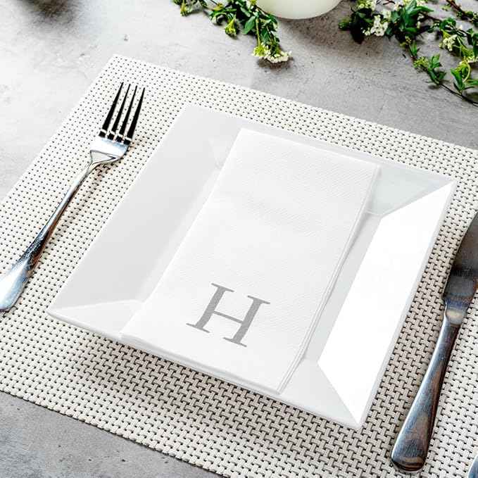 Luxenap 15.8 X 7.9 Inch Linen-Feel Guest Towels, 50 Lettered Hand Towels - Silver Letter 'H', Sans Serif Font, White Paper Dinner Napkins, airlaid, For Restrooms And Tables - Restaurantware