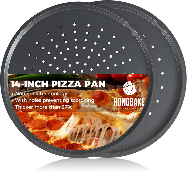 HONGBAKE 14.8 Inch Pizza Pan with Holes, 2 Pack Non-Stick Pizza Pan for Oven, Carbon Steel Perforated Pizza Tray, Crispy Pizza Set, Round Baking Sheet for Frozen & Homemade Pizza, Grey