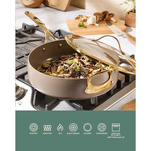 Bloomhouse - Two Time Oprah's Favorite Things Winner - 6 QT Heavy Duty Aluminum Premium PFA Free Ceramic Nonstick Saute/Deep Frying Pan Skillet with Lid - Cappuccino Cream with Gold Handle