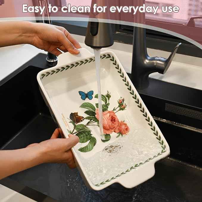 ACMLIFE Ceramic Casserole Dish Set, Ceramic Baking Dish for Oven, Casserole Dish Bakeware Set, Casserole Dishes for Oven, Lasagna Pan, Large Baking Dishes with Handles, Microwave, Dishwasher Safe, Gift Packaging Floral 2 Pcs Set(13"x8"+10.3"x6.3") (Rose)