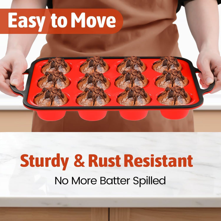 FUNBAKY Silicone Muffin Pan for Baking, Metal Reinforced Frame Muffin Pan Nonstick 12 Cups for Oven Baking Easy to Handle BPA Free