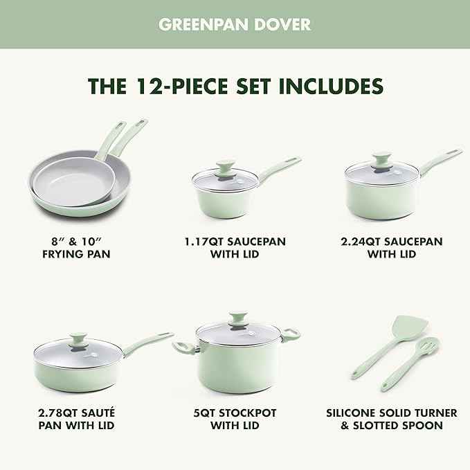 GreenPan Dover Healthy Ceramic Nonstick, 12 Piece Cookware Pots and Pans Set, PFAS-Free, Dishwasher Safe, Comfort Grip Handle, Pastel Green
