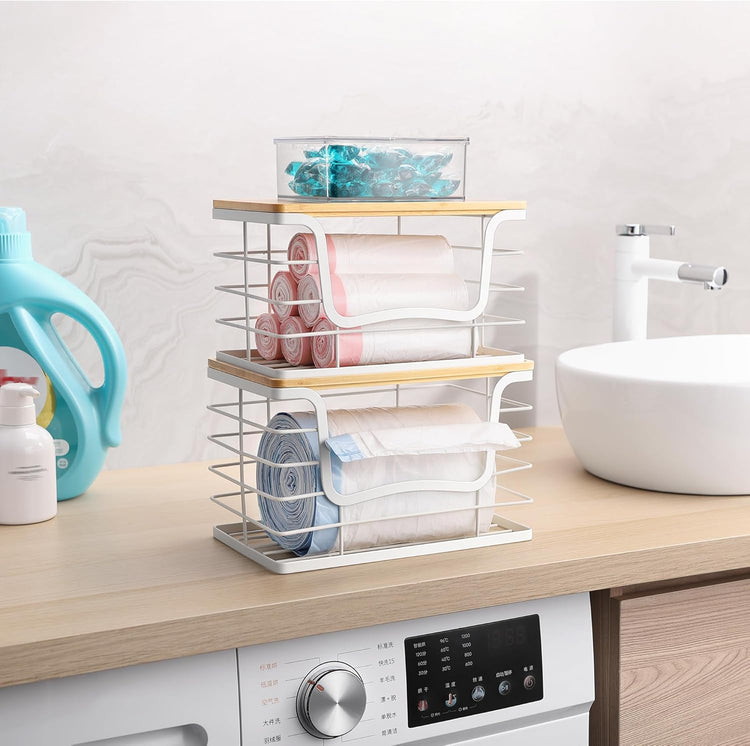 Trash Bag Dispenser Holder for Kitchen 2 Pack White Garbage Bag Organizer Wall Mount Stackable Bin with Bamboo Lid for Countertop, Under Sink, Laundry Room