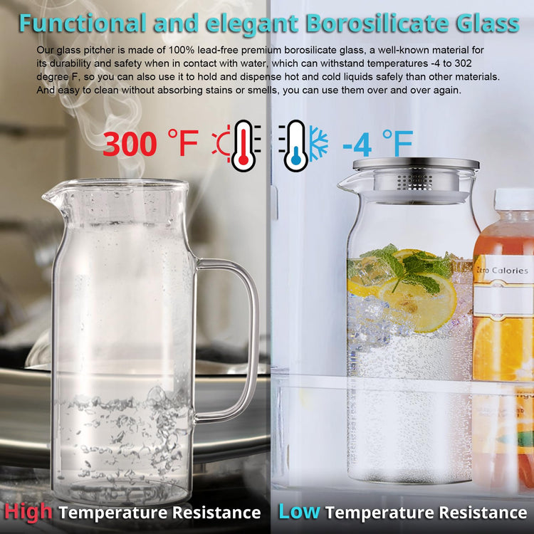 2 Liter 68 oz Glass Pitcher with Lid and Handle