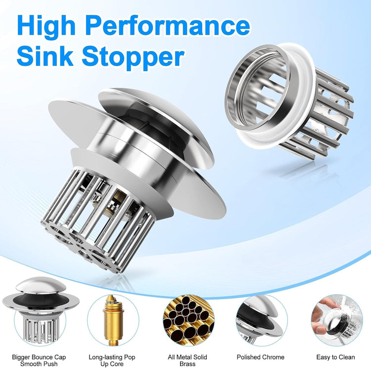 Universal 4 in 1 Bathroom Sink Drain Strainer with Removable Filter Basket, Pop Up Pure Copper Bathroom Sink Stopper, Anti-Clogging Bathroom Drain Stopper Sink Plug