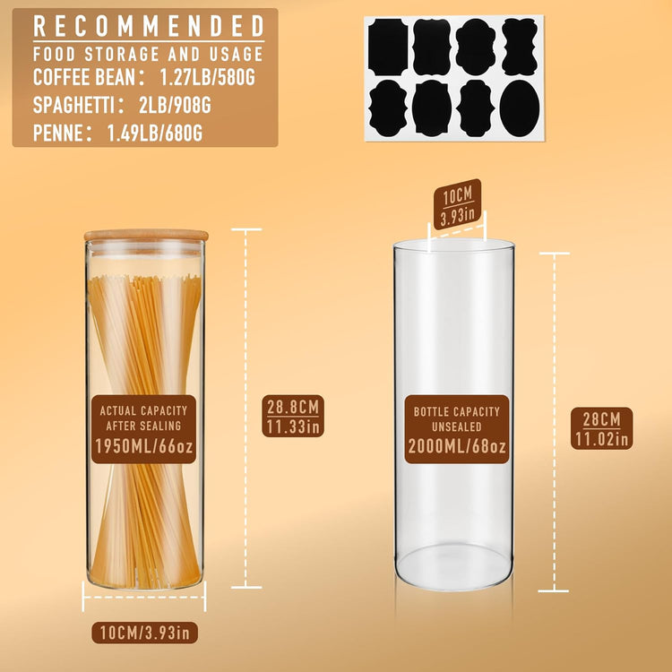 70oz Straight cylindrical Airtight Storage Jars with Bamboo Lid Set of 3 Storage Container Glass Jars, Kitchen Canister for Noodles, Pasta and Coffee beans (with Black Lable)