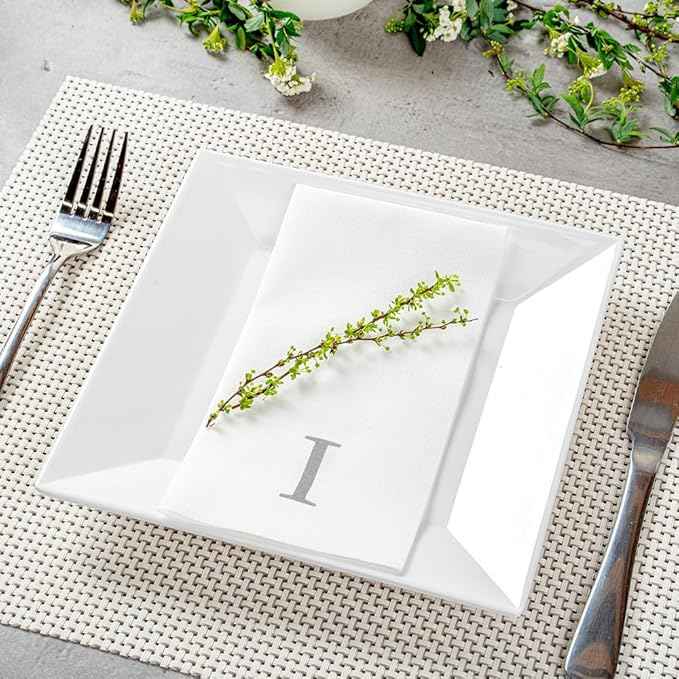Luxenap 15.8 X 7.9 Inch Linen-Feel Guest Towels, 2000 Lettered Hand Towels - Silver Letter 'I', Sans Serif Font, White Paper Dinner Napkins, airlaid, For Restrooms And Tables - Restaurantware