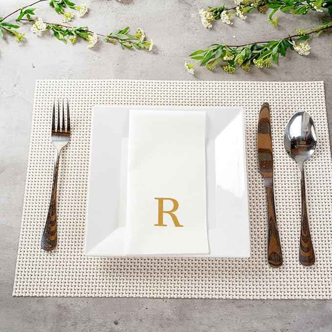 Luxenap 15.8 X 7.9 Inch Linen-Feel Guest Towels, 2000 Lettered Hand Towels - Gold Letter 'R', Sans Serif Font, White Paper Dinner Napkins, airlaid, For Restrooms And Tables