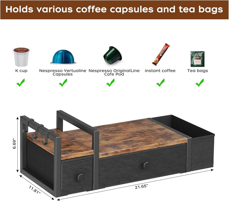 Homeiju Coffee Pod Drawers - K Cup Organizer, Nespresso Pods Holder with Mug Rack, Coffee Holder for Countertop, 52 Capacity Pods, Suitable for Kitchens, Offices and Coffee Bars(Patent Pending)