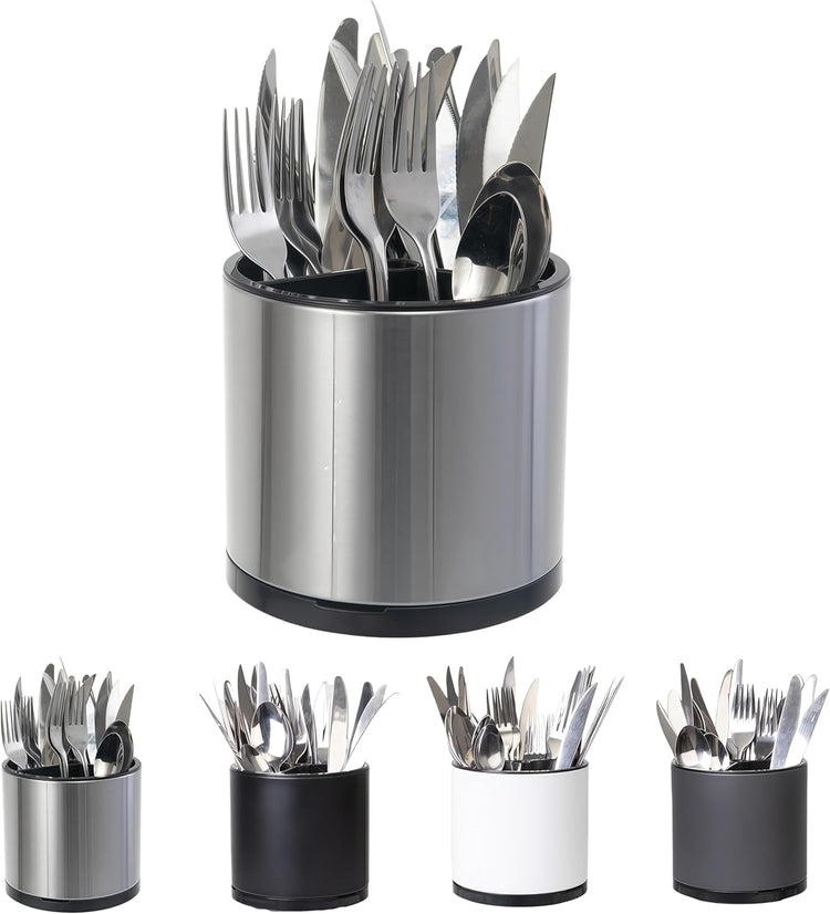 Kitchen Utensil Holder Silverware Organizer 360°Rotating For Counter Organizer Stainless Steel Storage Silverware Caddy 3 Compartment Flatware Spoon Spatula Tool Cutlery Container(Silvery)