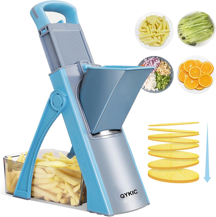 Upgrade Safe Mandoline Slicer for Kitchen, Vegetable Chopper Slicer, Potato Slicer Thickness Adjuster, French Fry Cutter, Veggie Onion Dicer Faster Kitchen Mandolin for Meal Prep (Blue)