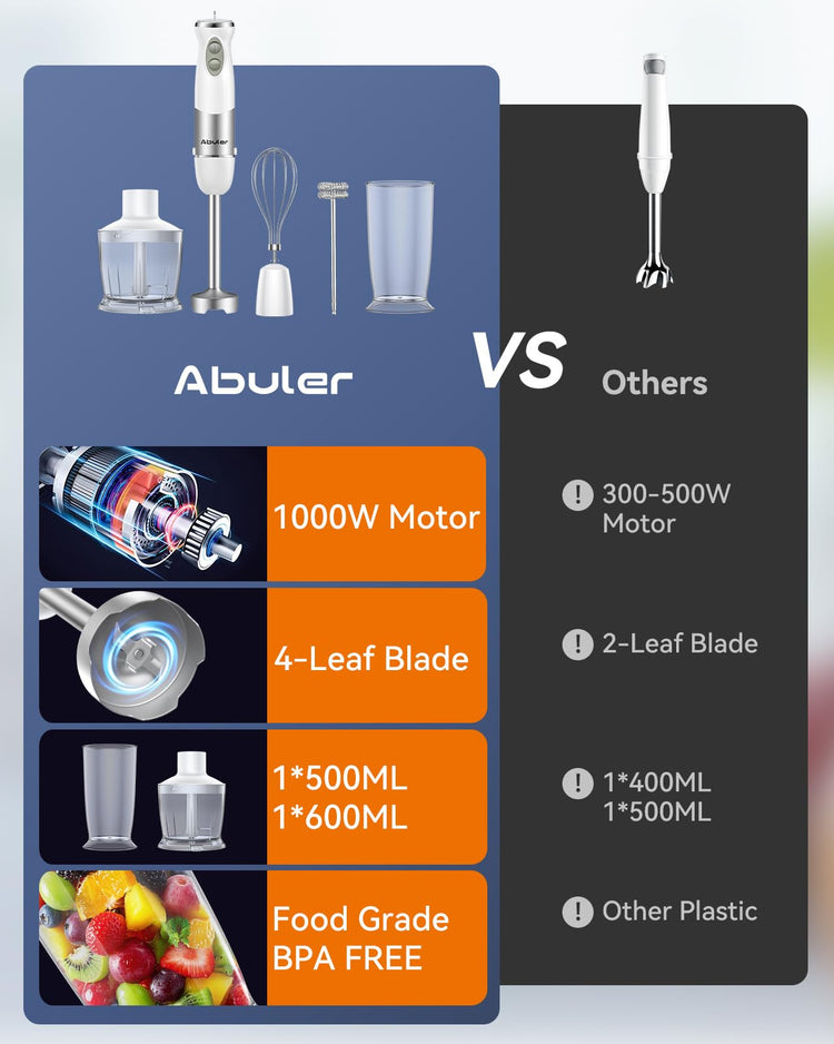 Immersion Blender Handheld 1000W 5 in 1 Corded Stick Hand Blender Kitchen with 12 Speed