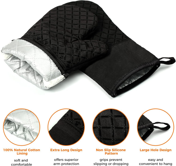 4PCS Oven Mitts and Pot Holders Sets 500°F Pot Holders for Kitchen Heat Resistant Oven Gloves Anti-Slip Silicone Stripe Oven Mitts Heat Resistant Hot Pads Oven Mits Potholders for Kitchens (Black)
