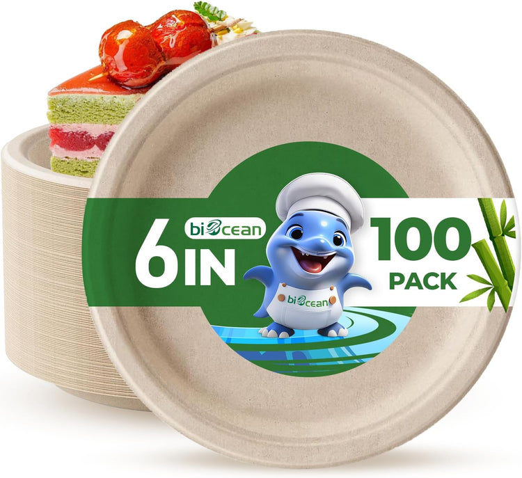 6 Inch Compostable Plates 100 Pack Heavy Duty Compostable Paper Plate, Disposable Eco-Friendly Sugarcane Bagasse Plate, Natural Brown Plates for Dinner, Dessert, and Weddings