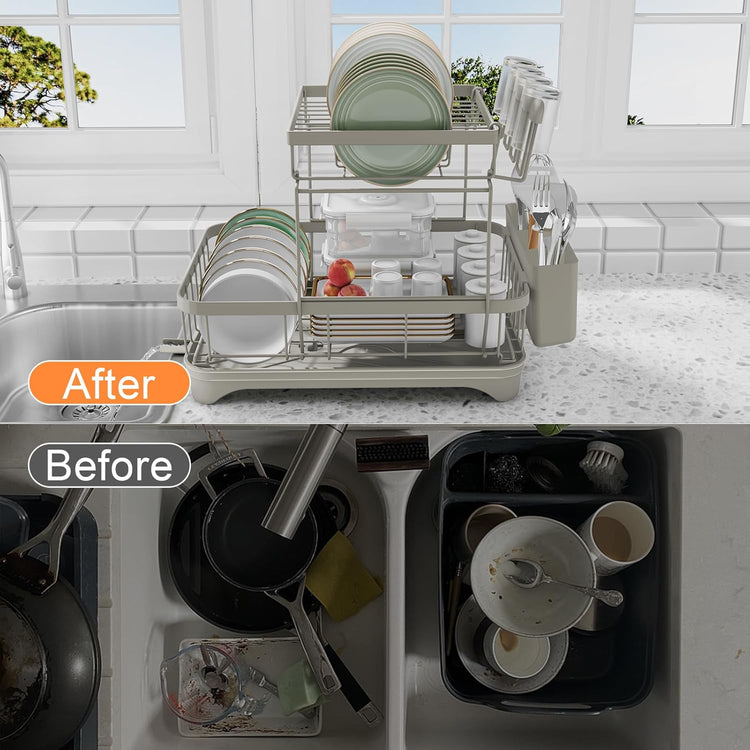 Dish Drying Rack for Kitchen Counter,Two-Tier Dish Rack with Utensil Holder, Auto-Draining Dish Racks, Large Capacity Dish Drainer Organizer for Plates, Bowls, Cups with Drainboard Grey