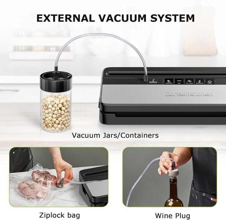 Bonsenkitchen Vacuum Sealer Machine, Multi-Functional Food Sealer with 50 Vacuum Bags & 1 Roll for Food Storage, Built-in Cutter, Black