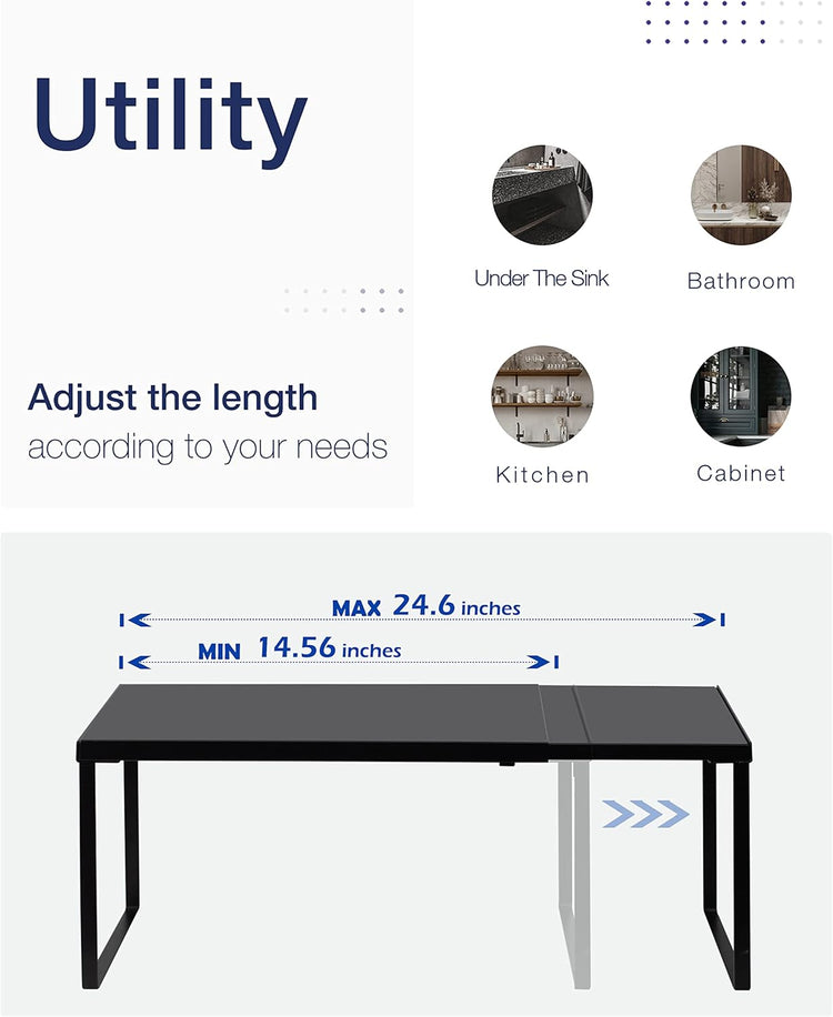 Nxconsu Cabinet Shelf Expandable Organizer Riser Rack for Kitchen Pantry Cupboard Under Sink Countertop Home Organization Extra Storage Space Saver Heavy Duty Metal Edgeless Design Black