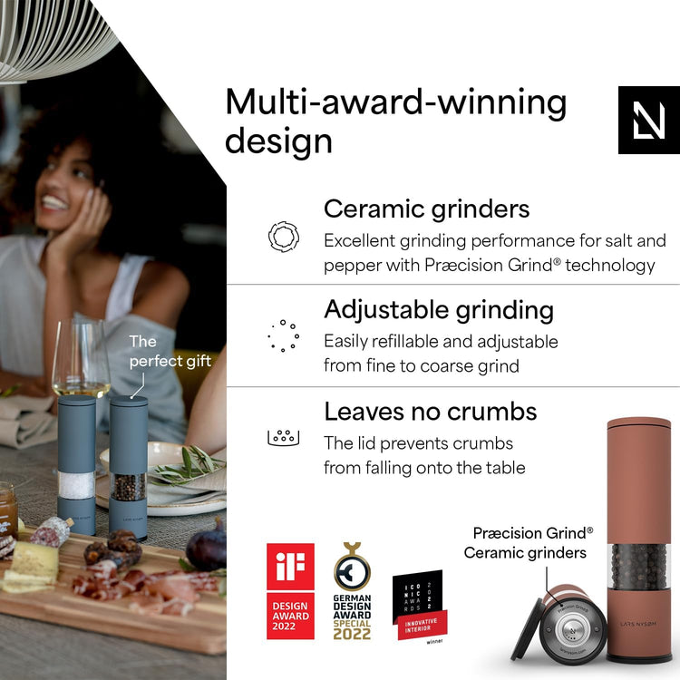 LARS NYSØM Salt and Pepper Grinder Set Manual, Stainless Steel Salt and Pepper Mills with Adjustable Ceramic Grinder I Design Spice Shakers (Brick Red)