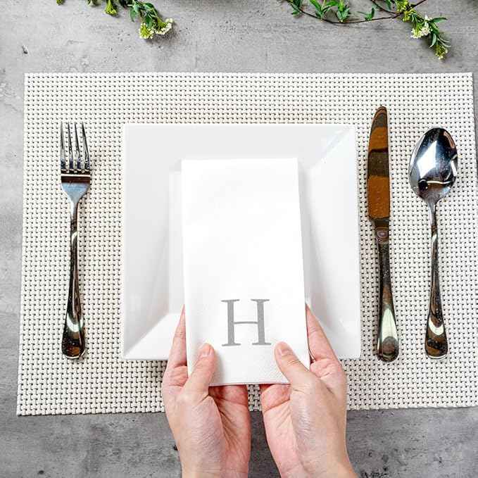 Luxenap 15.8 X 7.9 Inch Linen-Feel Guest Towels, 50 Lettered Hand Towels - Silver Letter 'H', Sans Serif Font, White Paper Dinner Napkins, airlaid, For Restrooms And Tables - Restaurantware