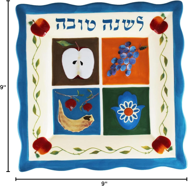 Rosh Hashanah Honey Dish Set Decorative Ceramic Plate Painted Judaic Theme Shana Tovah with Honey Bowl Jar, Wooden Dipper Rosh Hashunah Platter Jewish New Year Gift by Jessica Sporn