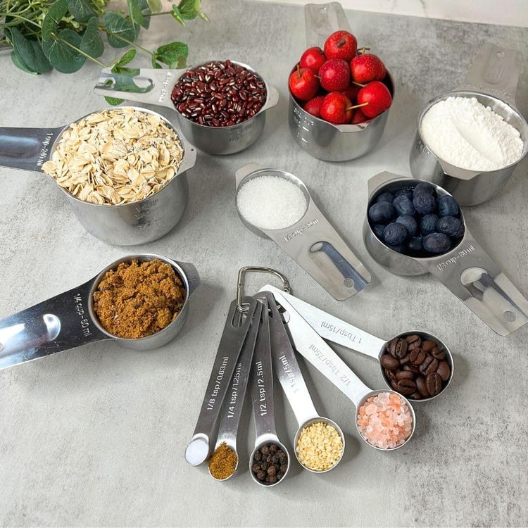 Stainless Steel Measuring Cups and Measuring Spoons Set with Circular Connector,Kitchen Measuring Spoons and Cups,kitchen tool for cooking and baking(13 Piece Set)