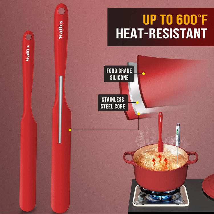 Walfos Silicone Jar Spatula - 600ºF Heat Resistant Kitchen Spatulas(2pcs), Strong Steel Core & One-Pieces Design,Mixing Batter & Cake Cream Spatulas, for Cooking & BPA Free & Dishwasher Safe, Red
