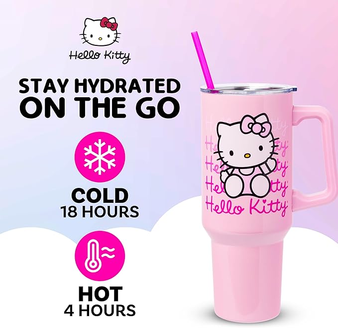 Silver Buffalo Sanrio Hello Kitty Waving Double Walled Stainless Steel Tumbler with Handle and Straw, Fits in Standard Cup Holder, 40 Ounces