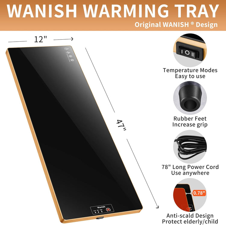 Electric Warming Tray (Extra Long 47”x12”),Food Warmers for Parties Buffet with Thermostat&Full Surface Heating, Tempered Glass Warming Mat for Food, Temperature Adjustable Gold Edges Food Warming Mat