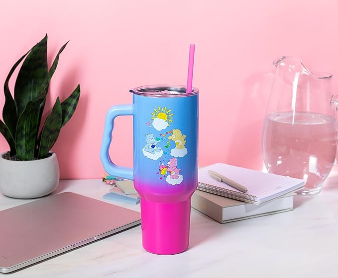 Silver Buffalo Care Bears Featuring Grumpy Bear, Funshine, and Love-A-Lot Bear Heart Showers Ombre Double Walled Stainless Steel Tumbler with Handle and Straw, Fits in Standard Cup Holder, 40 Ounces