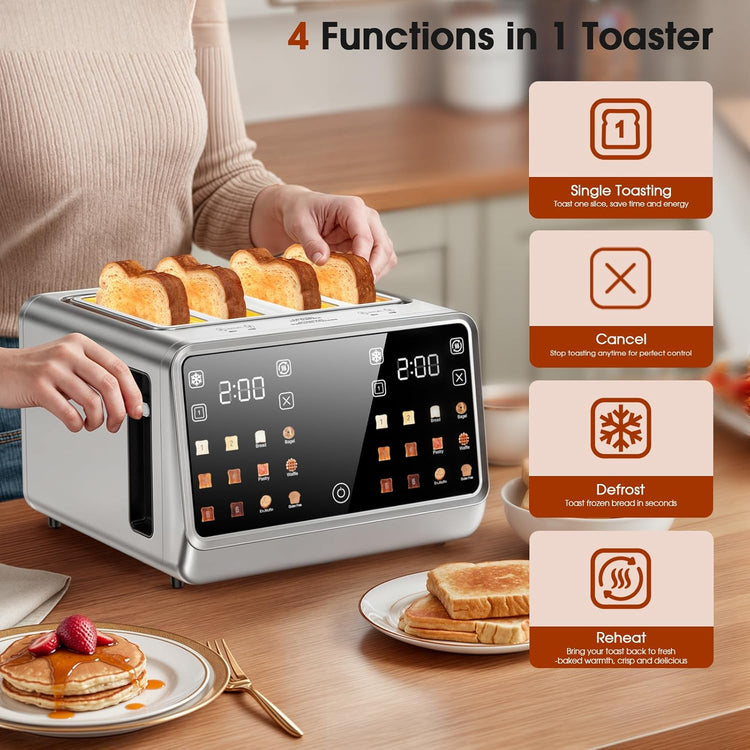 4 Slice Toasterā Dual Digital Smart TouchScreen & Independent Control Panel | Single-Slot Tech, Timer/Reheat/Defrost for Bagels, Bread | 1800W Stainless Steel, 6 Toast Types & Shade Settings