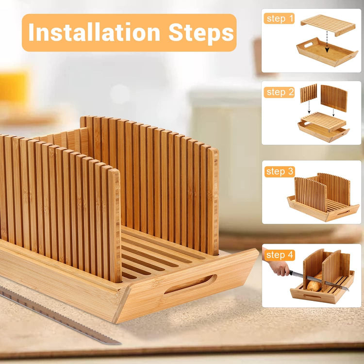 Bread Slicer for Homemade Bread, Bamboo Loaf Cutter with Knife and Crumb Catcher, Adjustable Foldable and Compact Cutting Guide 3 Size Slicing Guide