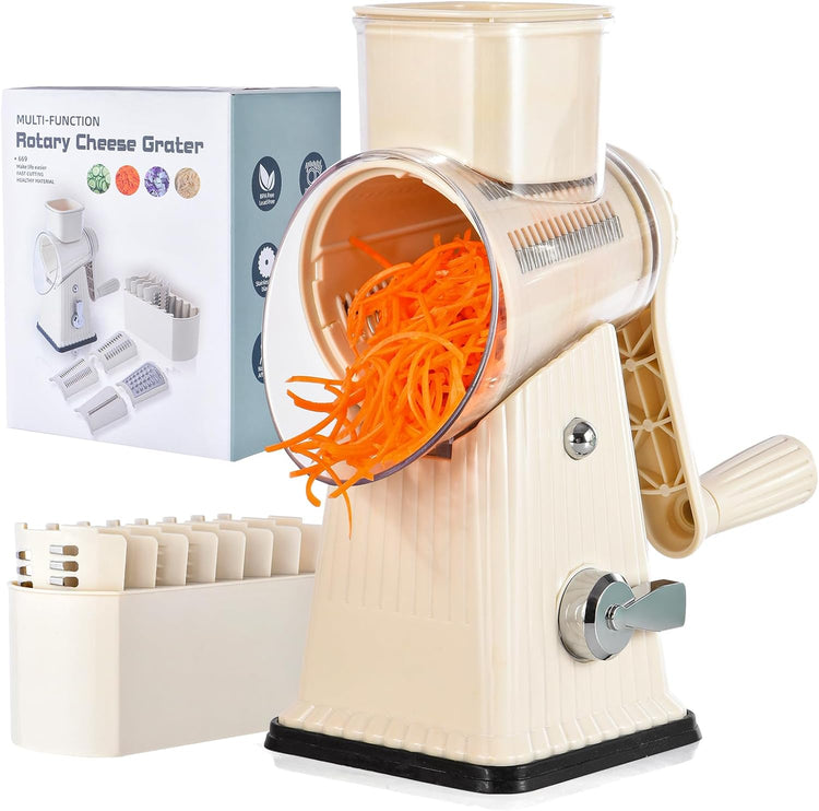 Xilrvna Rotary Cheese Grater, Vegetable Shredder 5 in 1 Cheese Grater with Handle edder Reinforced Suction,Easy to Clean,Kitchen Chopper for Crushed Ice,Fruits and Nuts with Blade Storage Case(white)