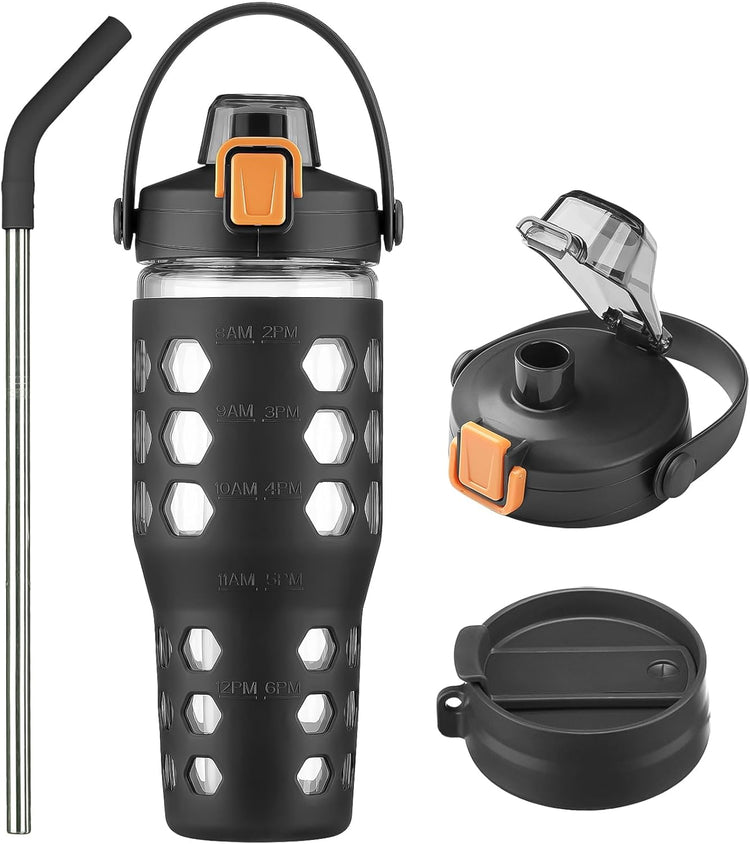 MUKOKO 32 oz Glass Tumbler with Straw,Glass Water Bottles with Time Marker,Iced Coffee Cup with 2 Lids-Handle Spout Lid&Straw Lid,Silicone Sleeve,Leakproof,1 Pack-Black