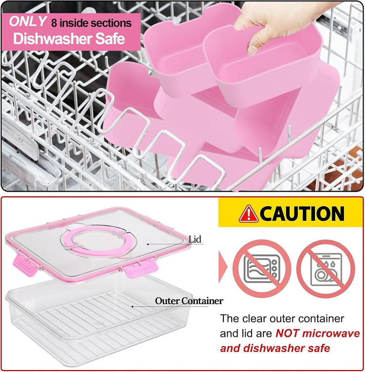 shopwithgreen Divided Serving Tray with Lid and Handle, Portable Snackle Box Charcuterie Container for Party, Veggies, Fruits, Nuts, Candy, Food Tray Platter Snack Box for Entertaining, Picnic, Pink