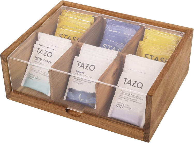 Tea Bag Organizer 6 Compartments by HTB| Gift Box Acacia Wood Tea Organizer for Tea Bags with Acrylic Transparent Hinged Lid