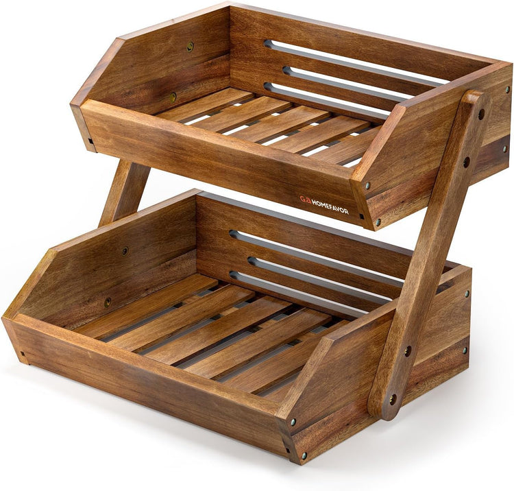 2 Tier Acacia Wood Fruit Basket for Kitchen